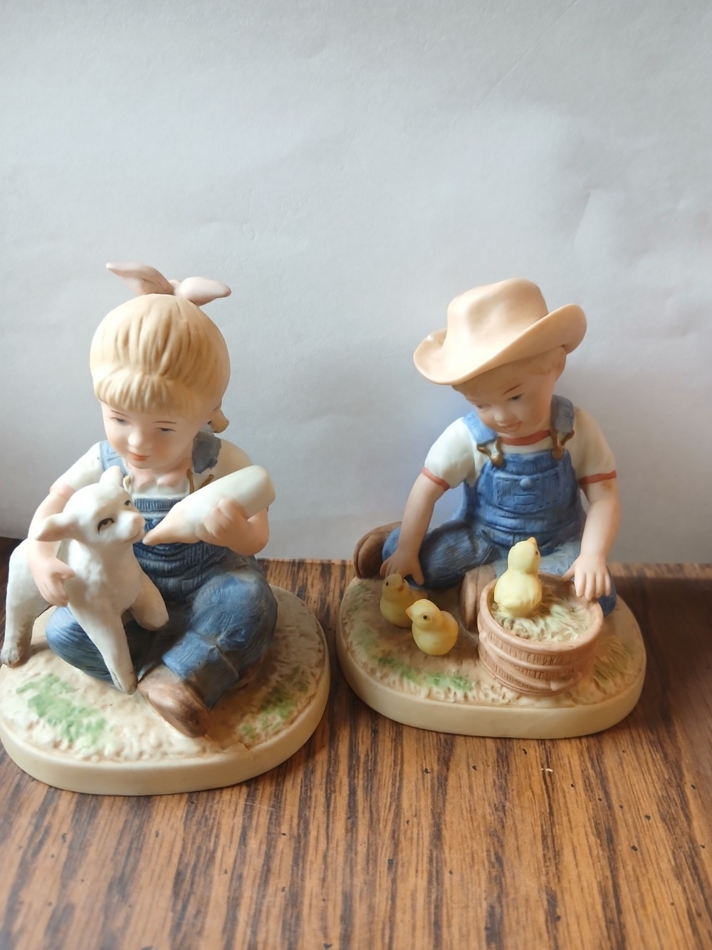 Vintage HOMCO Denim Days Figurine Pair #1500 Girl With Lamb & Boy With Chicks